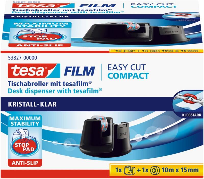 tesa Klebebandabroller tesafilm Easy Cut Compact Schwarz 105 mm (B) x 33 m (L) Kleiner Kern