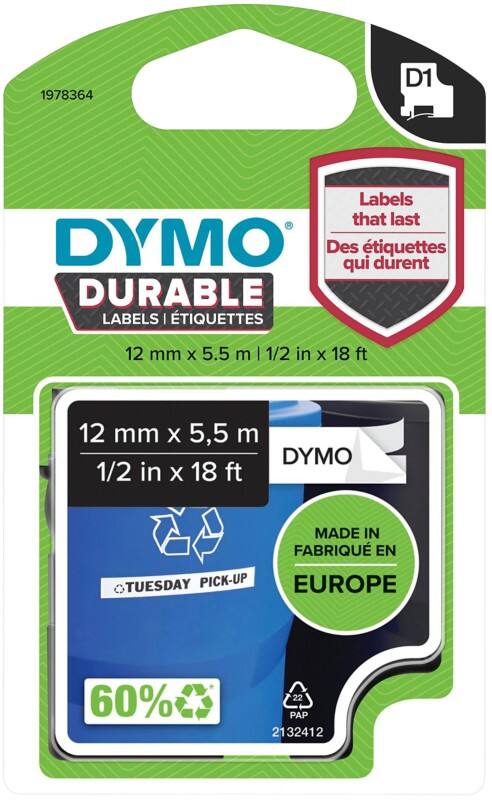 DYMO D1 1978364 Beschriftungsband Original Selbsthaftend Schwarz auf Weiß 12 mm (B) x 5,5 m (L)