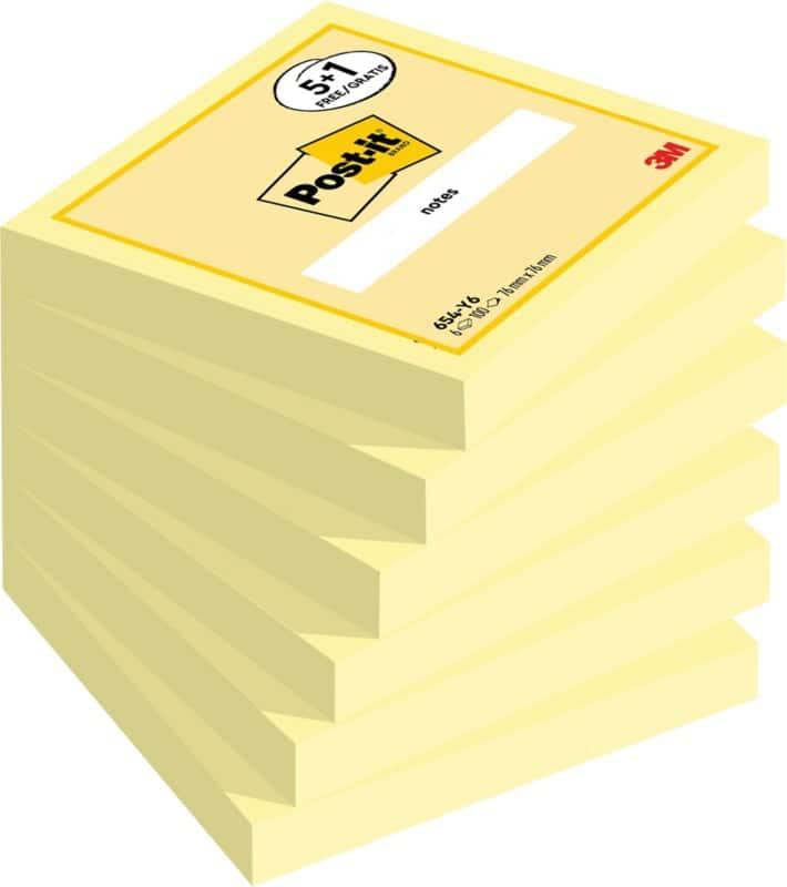 Post-it Haftnotizen 76 x 76 mm Kanariengelb 100 Blatt 5 Blöcke + 1 Gratis