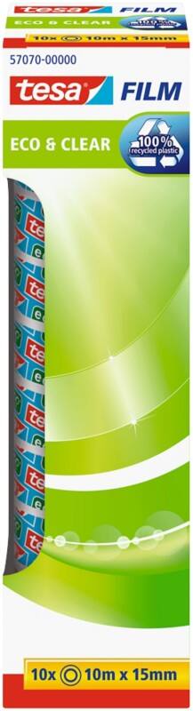tesa Klebeband tesafilm Eco & Clear 57070 Transparent 15 mm (B) x 10 m (L) PP (Polypropylen) 100% Recycelt 10 Rollen