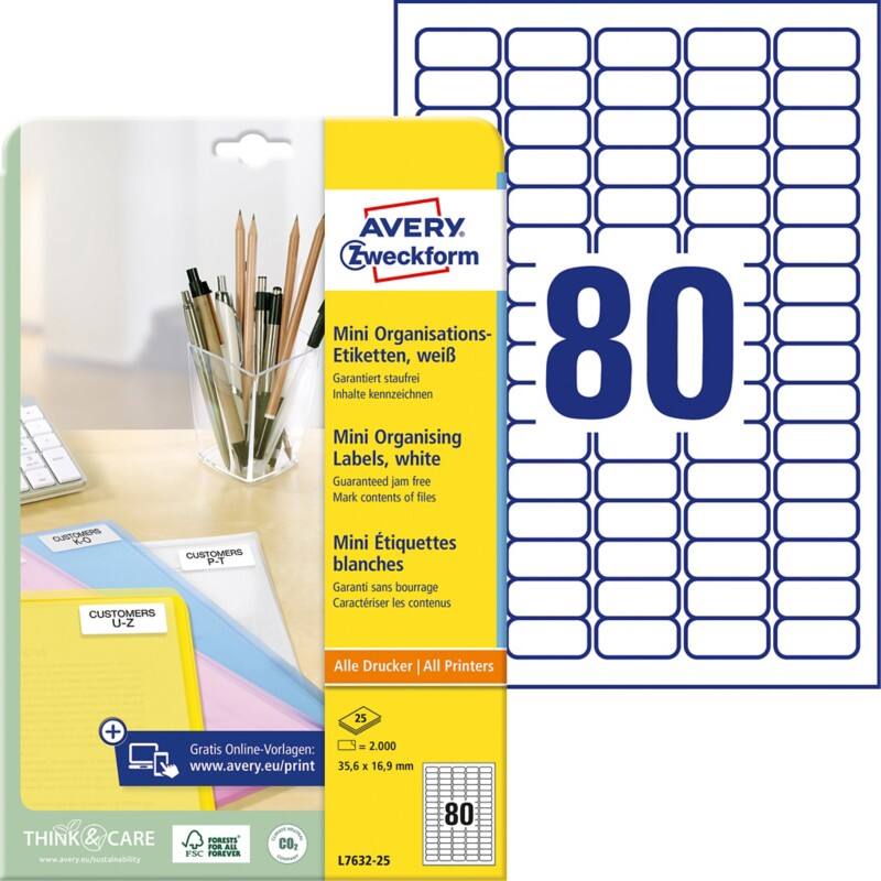 AVERY Zweckform Laser Universaletiketten L7632-25 Selbsthaftend A4 Weiß 35,6 x 16,9 mm 25 Blatt à 80 Etiketten