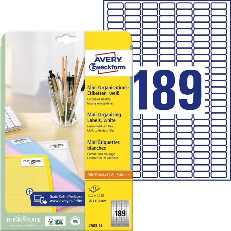 AVERY Zweckform Laser Etiketten L7658-25 Selbsthaftend A4 Weiß 25,4 x 10 mm 25 Blatt à 189 Etiketten