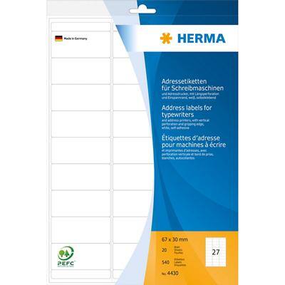 HERMA Adressetiketten 4430 DIN A4 Weiß 67 x 30 mm 20 Blatt à 27 Etiketten