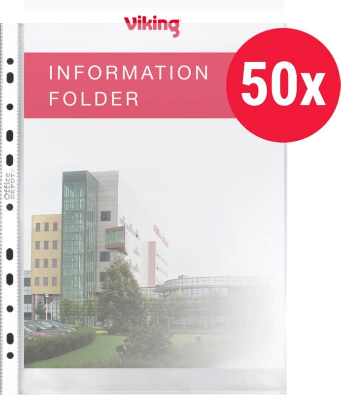 Viking Prospekthüllen 60% Recycelt A4 Glasklar Transparent 80 Mikron PP (Polypropylen) Öffnung oben 11 Löcher 50 Stück