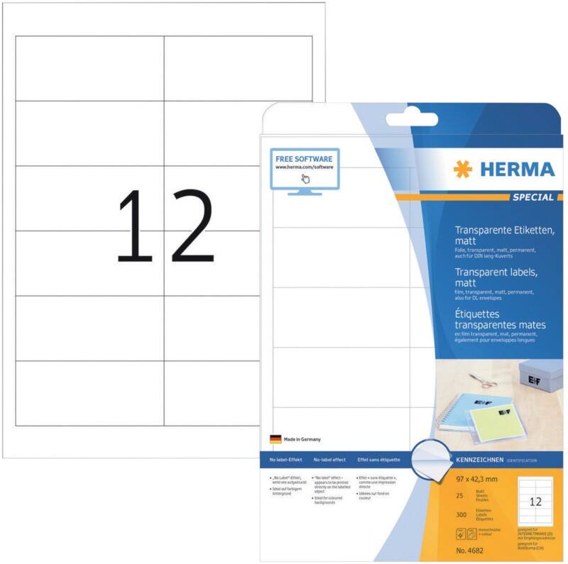 HERMA SPECIAL A4 Etiketten 4682 haftend DIN A4 Transparent 97 x 42,3 mm 25 Blatt à 12 Etiketten