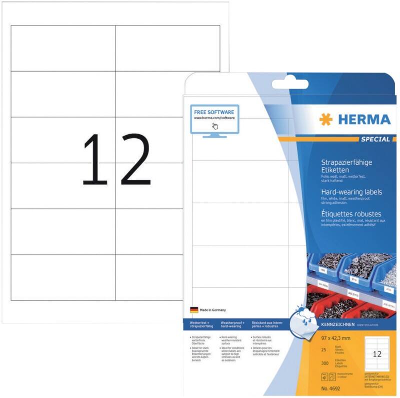 HERMA Wetterfeste Etiketten 4692 Rechteckig DIN A4 97 x 42,3 mm 25 Blatt à 12 Etiketten