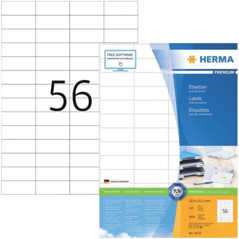 HERMA Universaletiketten 4273 Weiß DIN A4 52,5 x 21,2 mm 100 Blatt à 56 Etiketten