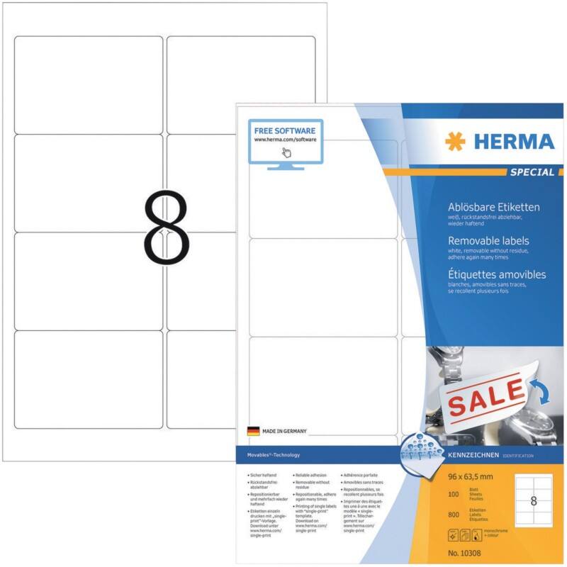 HERMA Wiederablösbare Etiketten 10308 Weiß Rechteckig 800 Etiketten pro Packung