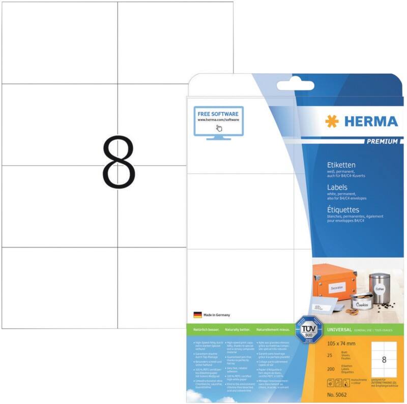 HERMA Universaletiketten 5062 Weiß DIN A4 105 x 74 mm 25 Blatt à 8 Etiketten