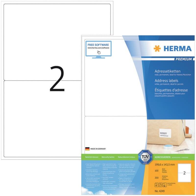 HERMA Universaletiketten 4249 Weiß DIN A4 199,6 x 143,5 mm 100 Blatt à 2 Etiketten