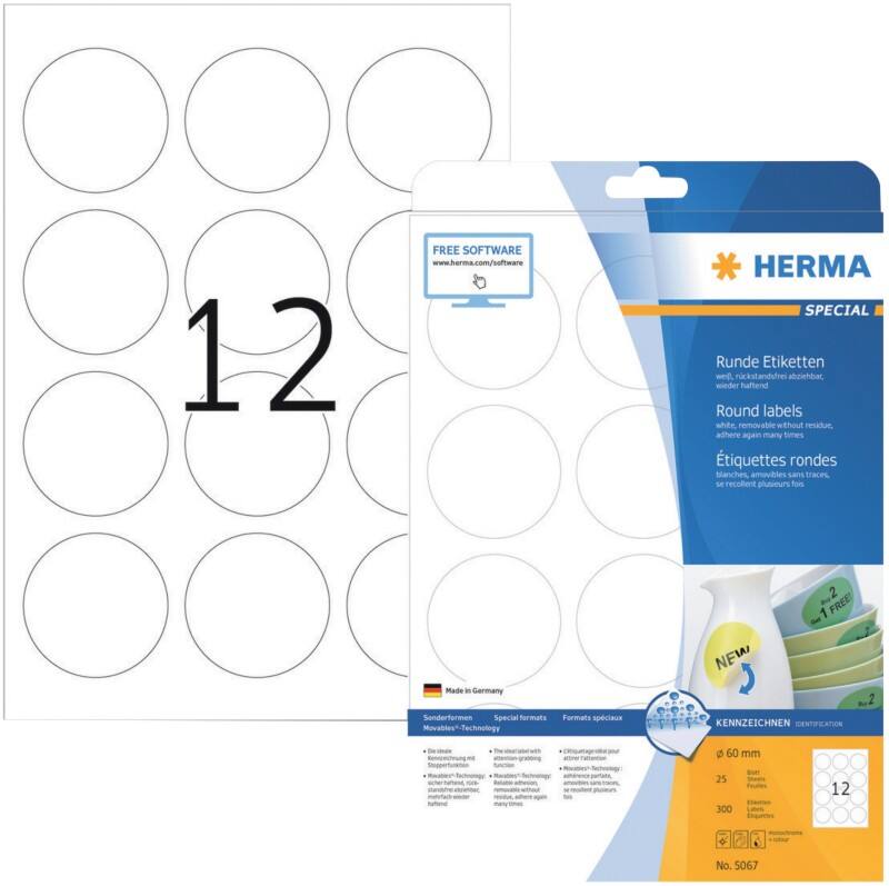 HERMA Wiederablösbare Etiketten 5067 Weiß Rund 300 Etiketten pro Packung