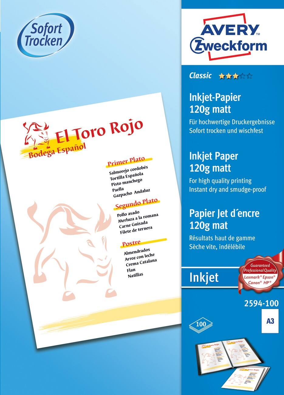 AVERY Zweckform Inkjet Fotopapier 2594-100 Weiß A3 120 g/m² 100 Blatt