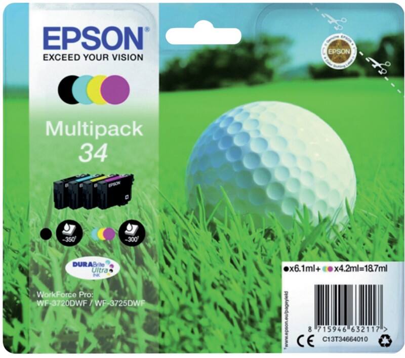 Epson 34 Original Tintenpatrone C13T34664010 Schwarz, Cyan, Magenta, Gelb 4 Stück Multipack