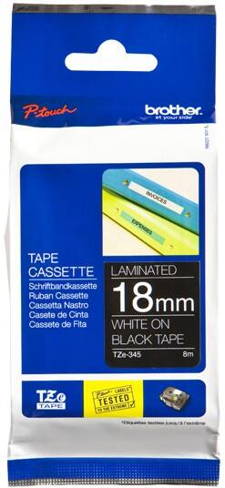 Brother TZe-345 Authentic Schriftband Selbstklebend Weißer Druck auf Schwarz 18 mm x 8m