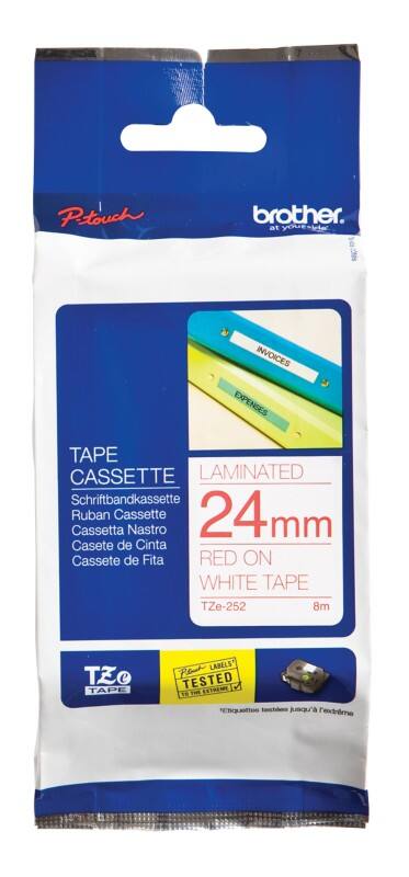 Brother TZe-252 Authentic Schriftband Selbstklebend Roter Druck auf Weiß 24 mm x 8m