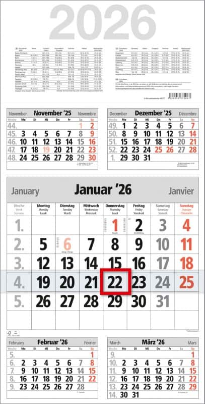 Wandkalender "Take Five" 2026 Sonderformat Papier Rot Deutsch, Englisch, Französisch