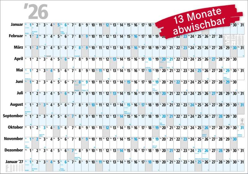 Bühner Jahreskalender B4 2026 Querformat Weiß 98 x 68,5 cm