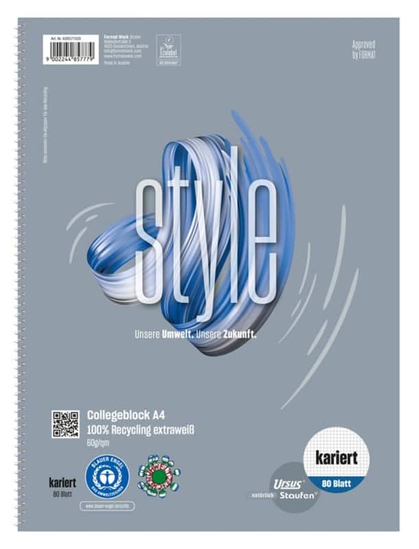 Ursus Green Notebook A4 Kariert Spiralbindung Papier Weiß Nicht gelocht Recycled 160 Seiten