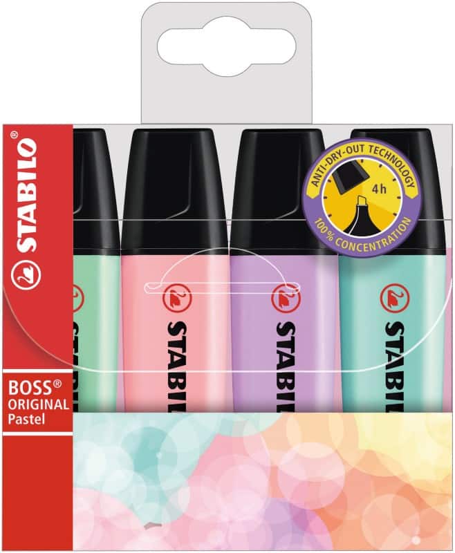 STABILO BOSS ORIGINAL Textmarker Türkis, Mint, Pink Blush, Lilac Haze Breite Keilspitze Nachfüllbar 4 Stück