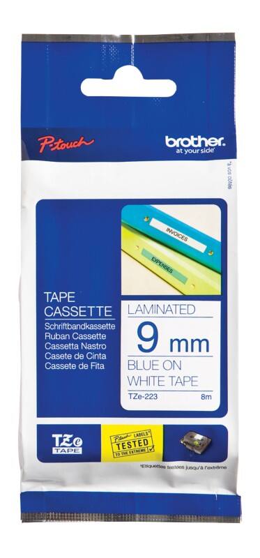 Brother TZe-223 Authentic Schriftband Selbstklebend Blauer Druck auf Weiß 9 mm x 8m