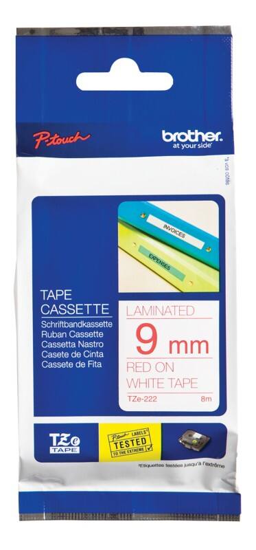 Brother TZe-222 Authentic Schriftband Selbstklebend Roter Druck auf Weiß 9 mm x 8m