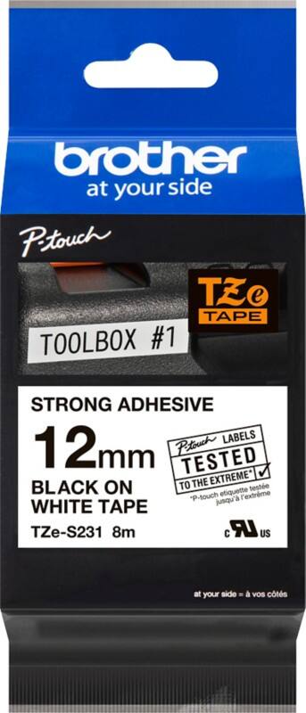 Brother TZe-S231 Authentic Schriftband Extra-stark klebend Schwarzer Druck auf Weiß 12 mm x 8m