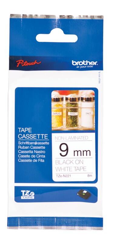 Brother TZe-N221 Authentic Matt Schriftband Selbstklebend Schwarzer Druck auf Weiß 9 mm x 8m