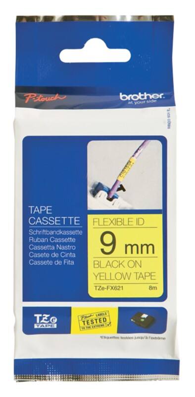Brother TZe-FX621 Authentic Flexibles Schriftband Selbstklebend Schwarzer Druck auf Gelb 9 mm x 8 m
