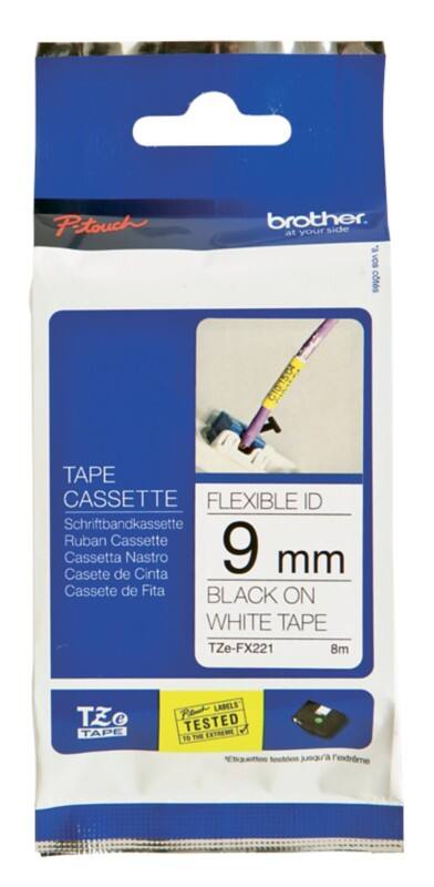 Brother TZe-FX221 Authentic Flexibles Schriftband Selbstklebend Schwarzer Druck auf Weiß 9 mm x 8m