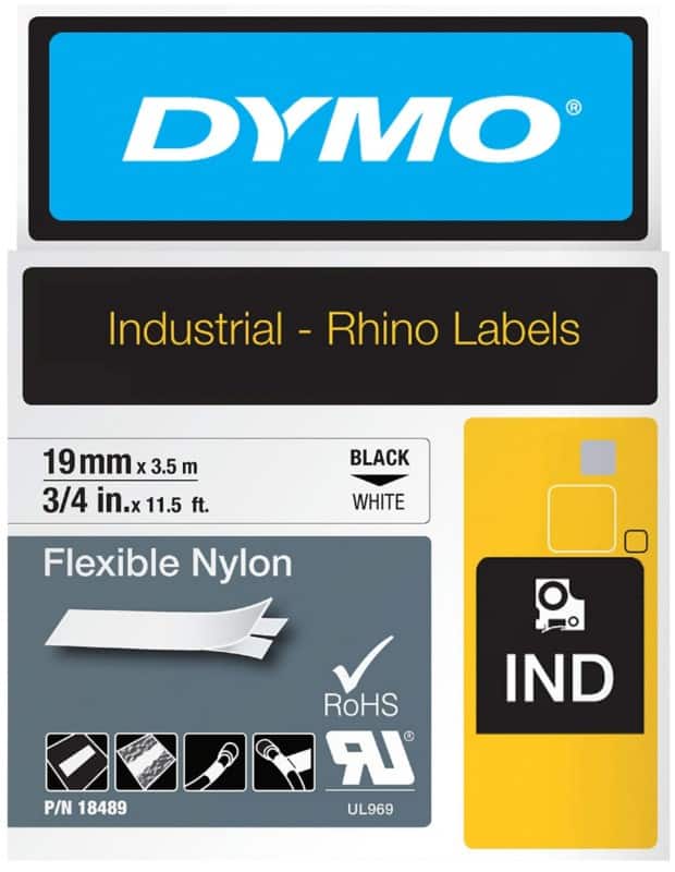 Dymo IND S0718120 / 18489 Authentic Rhino Flexibles Nylon Schriftband Selbstklebend Schwarzer Druck auf Weiß 19 mm x 3.5m