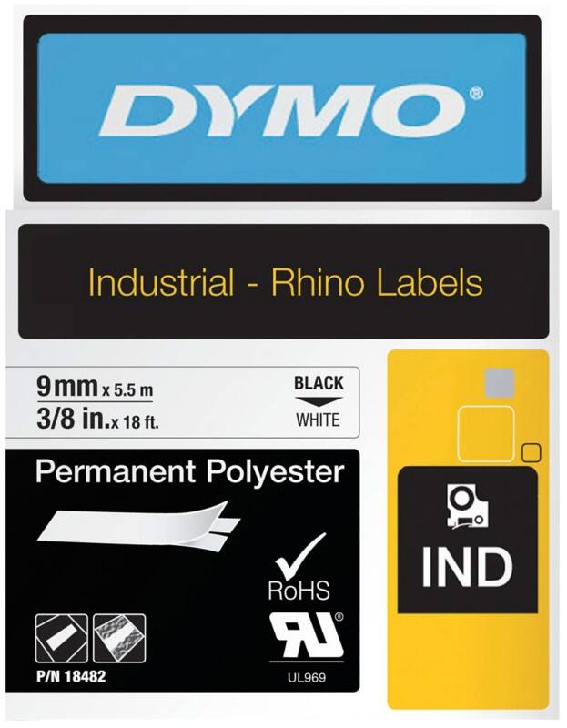 DYMO IND S0718240 Rhino Polyester Schriftband Selbsthaftend Schwarz auf Weiß 9 mm (B) x 5,5 m (L)