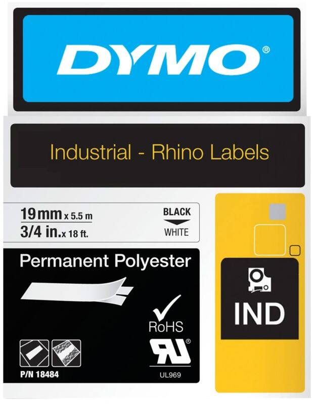 DYMO IND S0718220 / 18484 Authentic Rhino Polyester Schriftband Selbstklebend Schwarzer Druck auf Weiß 19 mm x 5.5m