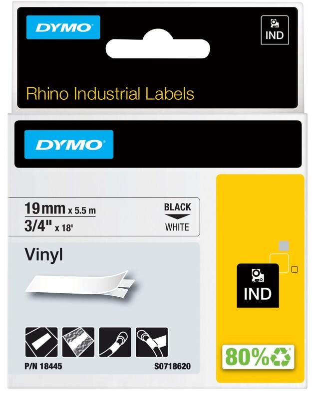 Dymo IND S0718620 / 18445 Authentic Rhino Vinyl Schriftband Selbstklebend Schwarzer Druck auf Weiß 19 mm x 5.5m