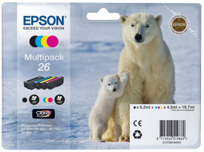 Epson 26 Original Tintenpatrone C13T26164010 Schwarz, Cyan, Magenta, Gelb Multipack 4 Stück