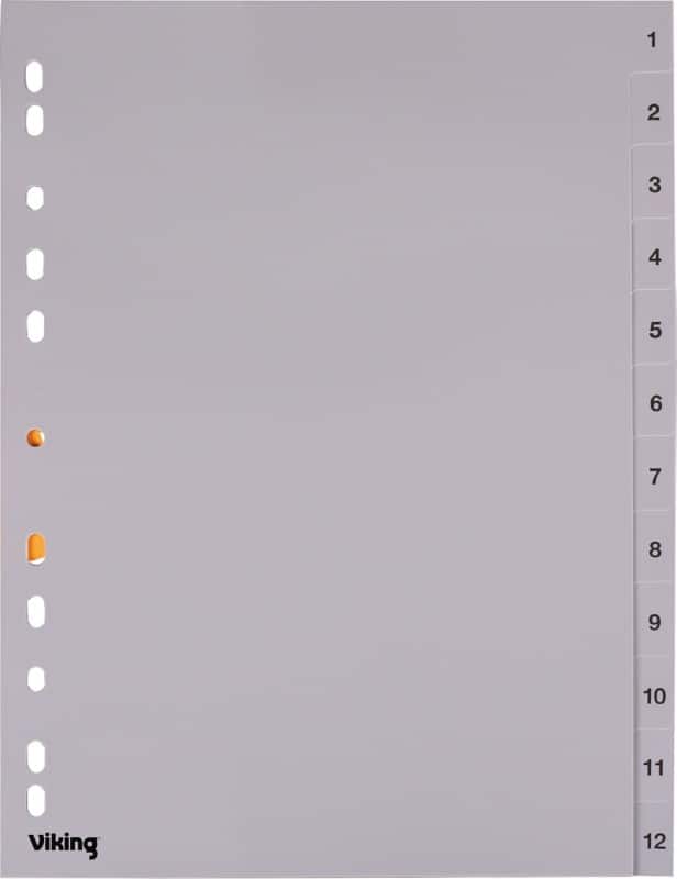Viking 1 bis 12 Zahlenregister  A4 Grau 12-teilig PP (Polypropylen) 11 Löcher Numerisch