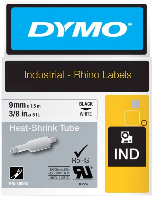 Dymo IND S0718280 / 18053 Authentic Rhino Heißschrumpfschlauch Selbstklebend Schwarzer Druck auf Weiß 9 mm x 1.5m