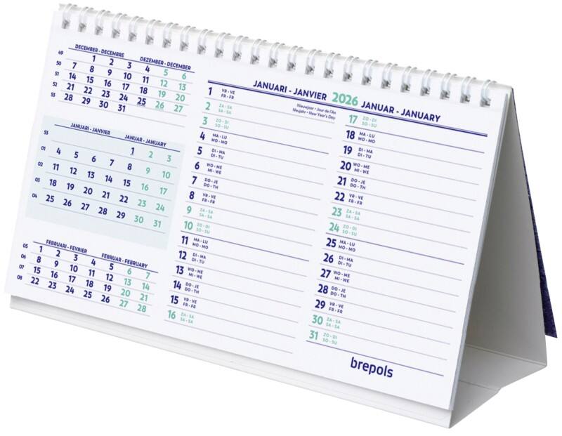 Brepols Schreibtisch-Kalender 2026 3 Monate / 1 Seite Deutsch, Französisch, Englisch, Niederländisch 12,5 (B) x 0,3 (T) x 21 (H) cm Weiß