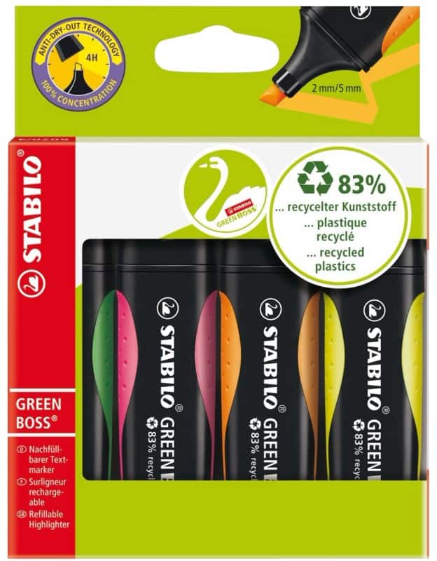 STABILO Green Boss Textmarker Färbig sortiert Breit Keilspitze 2-5 mm Nachfüllbar 4 Stück