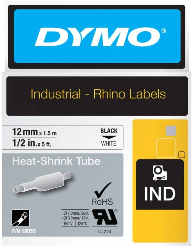 DYMO Heißschrumpfschlauch RHINO 18055 Schwarzer Druck auf Weiß 12 mm x 1,5 m