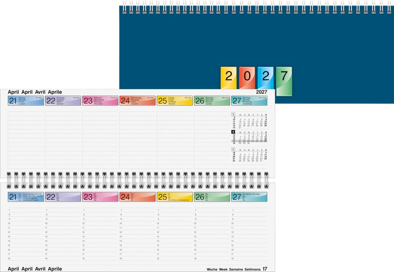 BRUNNEN Tischkalender 772 1 Woche/2 Seiten 2022 4-sprachig (D/GB/F/I) Blau