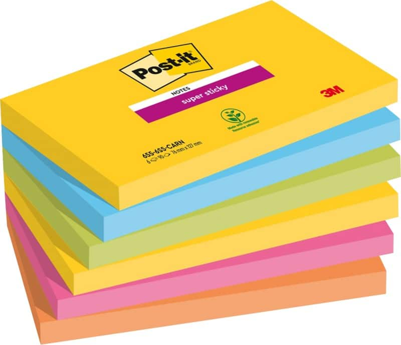 Post-it carnival super sticky haftnotizen 127 x 76 mm farbig sortiert rechteckig 6 stã¼ck ã  90 blatt