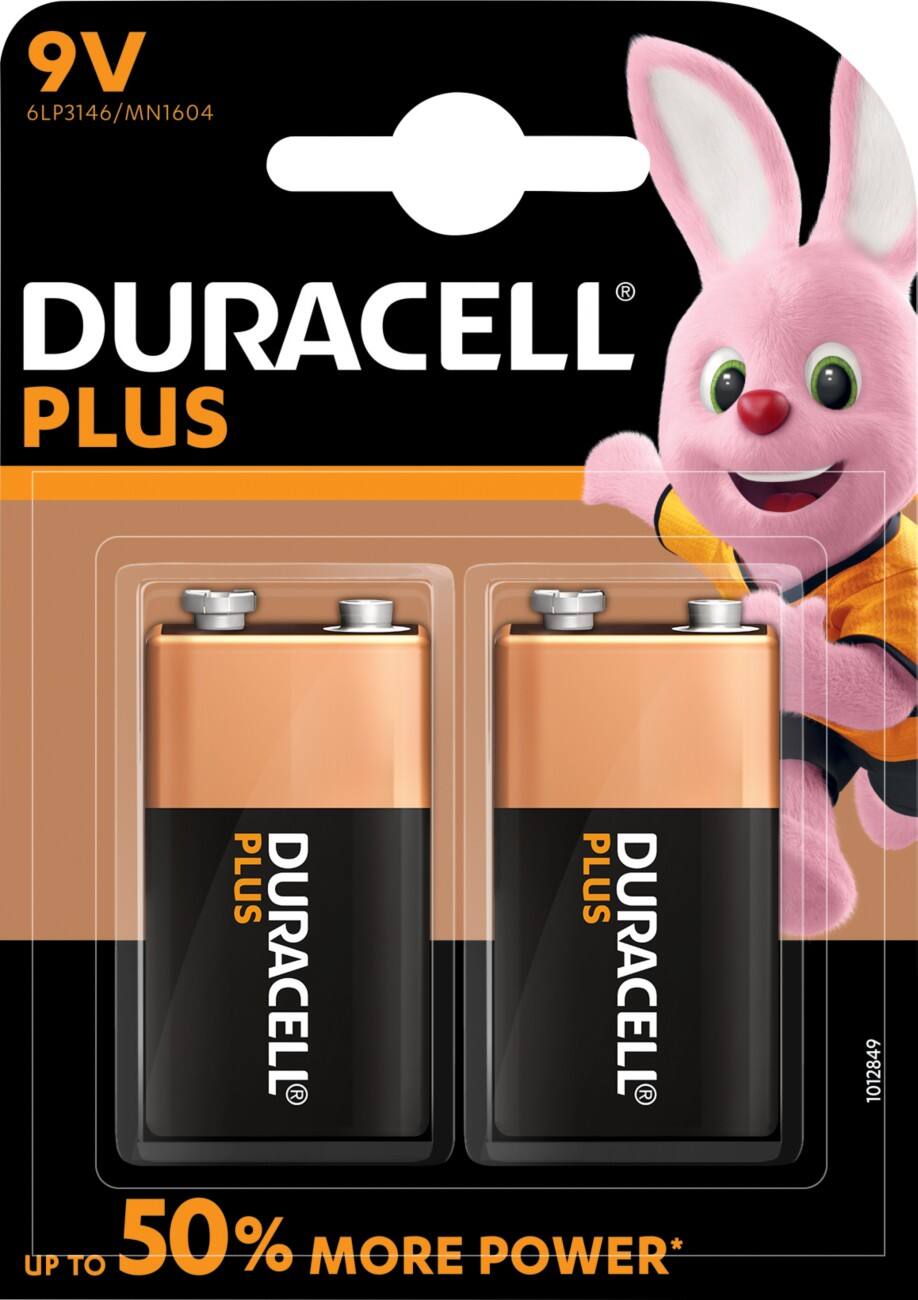 Duracell 9 V Alkali-Batterien Plus Power MN1604 6LR61 9 V 2 Stück