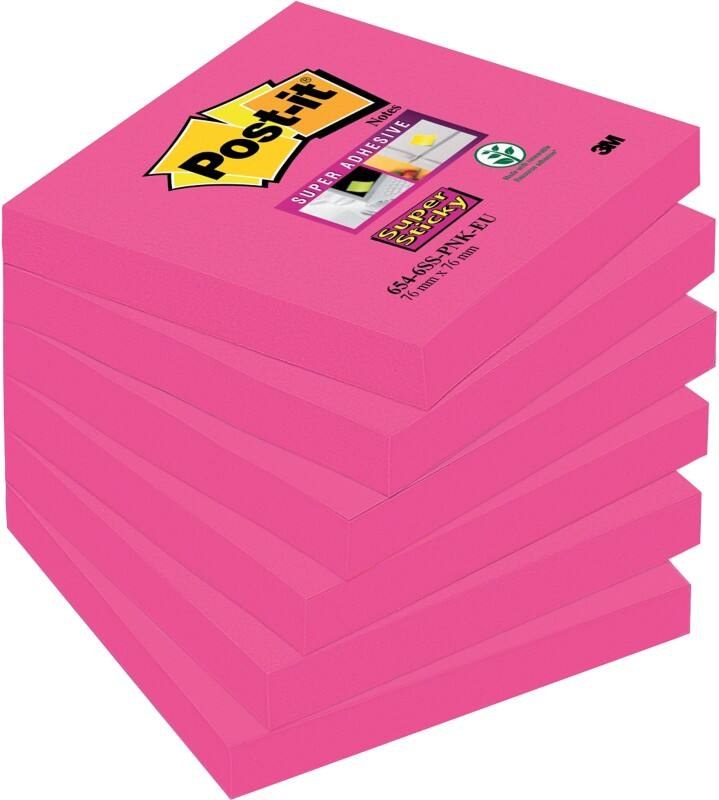 Post-it Super Sticky Haftnotizen 76 x 76 mm Magenta Quadratisch 6 Stück à 90 Blatt