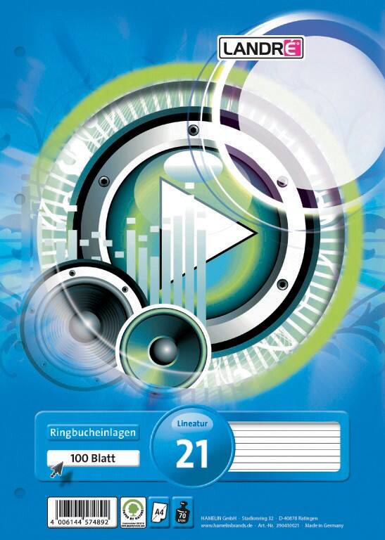 LANDRÉ Ringbuch Einlagen Geleimt DIN A4 Liniert Laminierte Pappe Weiß Perforiert 200 Seiten 100 Blatt