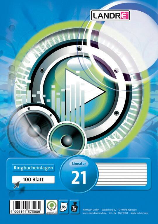 LANDRÉ A5 Ringbucheinlagen liniert Laminierte Pappe 100 Blatt