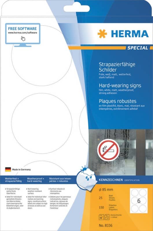 HERMA 8336 Strapazierfähige Etiketten DIN A4 Weiß 85 x 85 mm 25 Blatt à 6 Etiketten