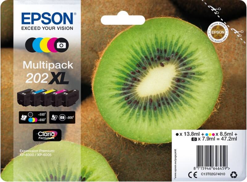 Epson 202XL Original Tintenpatrone C13T02G74010 Schwarz, Fotoschwarz, Cyan, Magenta, Gelb Multipack 5 Stück