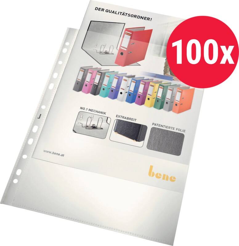 Bene Prospekthüllen A4 Glasklar Transparent 110 Mikron PP (Polypropylen) Öffnung oben 11 Löcher 206825WS 100 Stück