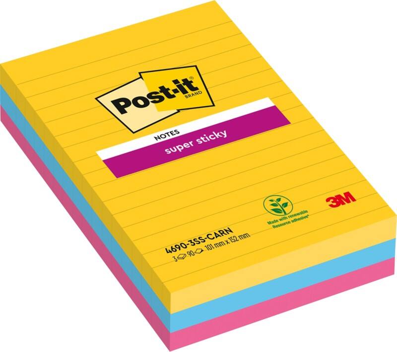 Post-it Rio Haftnotizen 101 x 152 mm Färbig sortiert Rechteckig Liniert 3 Stück à 90 Blatt