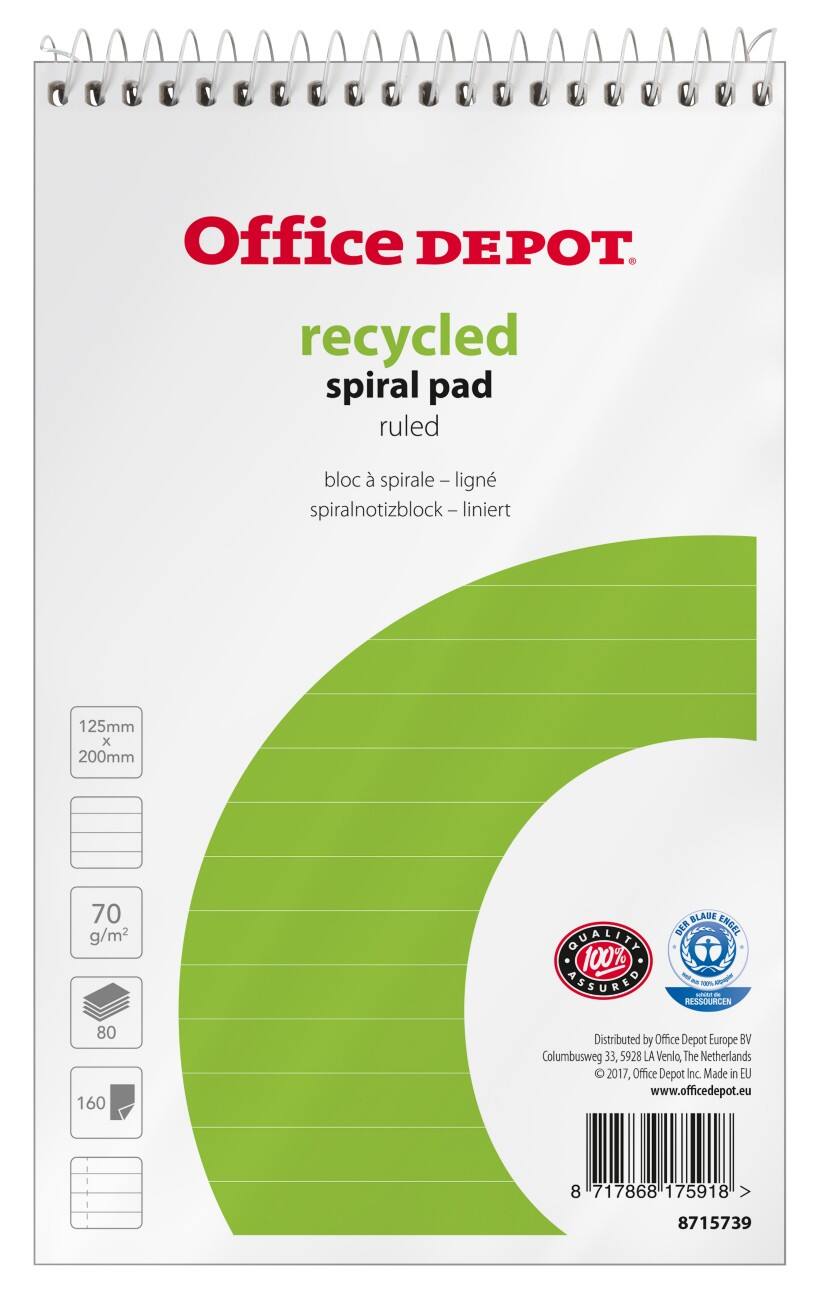 Office Depot 125 x 200 mm Drahtgebunden Weiß Papierumschlag Notizblock Liniert mikroperforiert Recycelt 80 Blatt 10 Stück